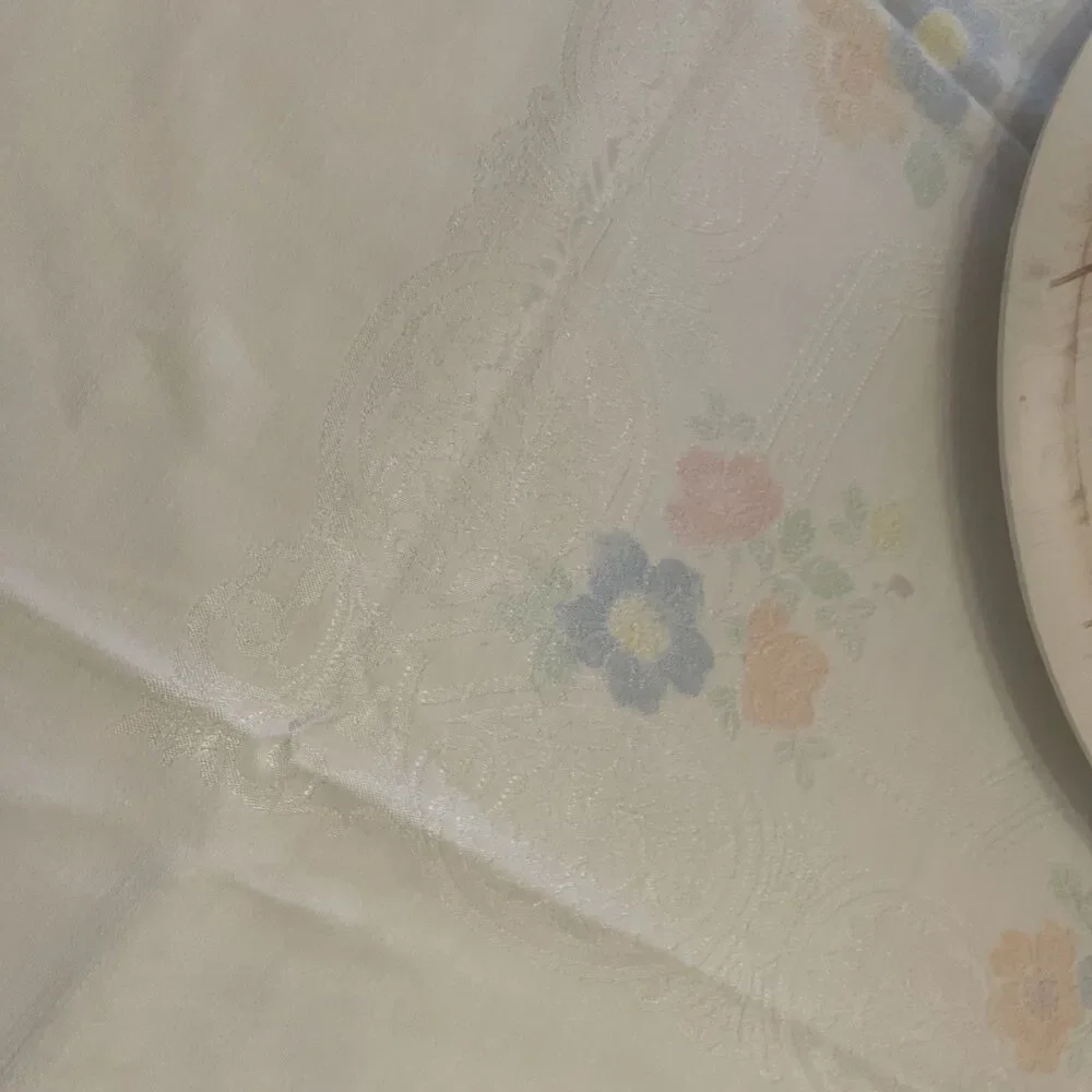 Vintage White Damask w/ Pink Blue Peach Green Floral Tablecloth 51”x47” Cottage